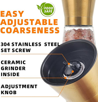 DAVIMADE Premium 2pk Gold Salt and Pepper Grinder Set, Manual Grinder Adjustable Coarseness Ceramic Blades, Bonus Silicone Funnel-Short Gold Kitchen Accessories