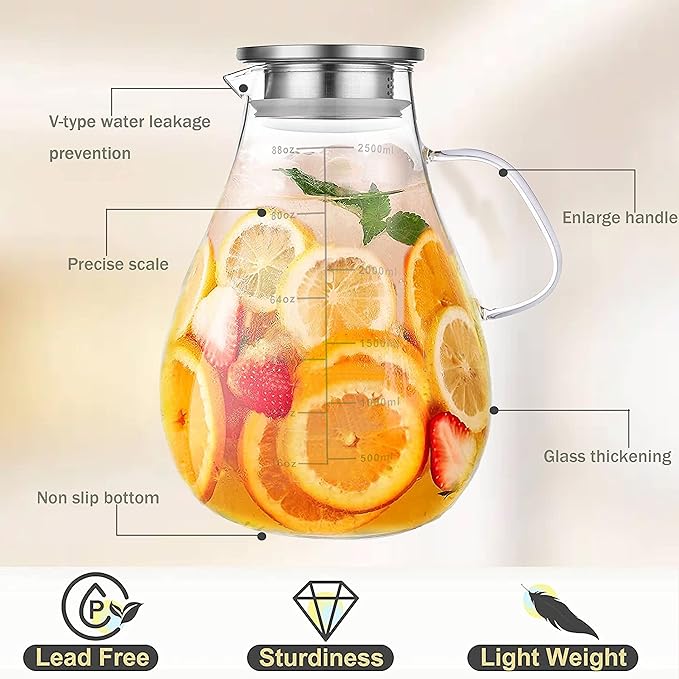 Glass Pitcher with Lid,88 Ounces -2500ml with Precise Scale Line, Hot/Cold Water Jug, Juice and Iced Tea Beverage Carafe with Lid - Image 2