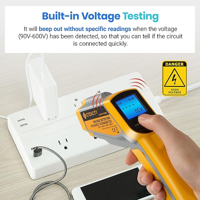 Etekcity Infrared Thermometer 1025D (Not for Human) Dual Laser Temperature Gun-58℉~1022℉ (-50℃~550℃) with Adjustable Emissivity, Non-Contact Voltage Tester (NCV), Standard Size, Yellow & Gray - Image 6