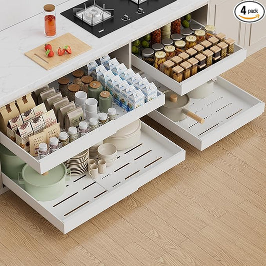 PAKETA 4 Pack Expandable Pull Out Cabinet Organizer, 21'' Deep Pull Out Drawers for Cabinet, Upgrade 3 Slide Rails Sliding Drawers for Cabinets with Adhesive Nano Film (White, 21"D X 15-26"W) by Unknown