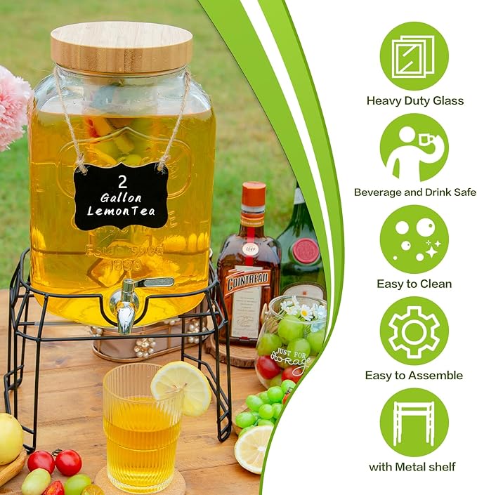 2 Gallon Glass Drink Dispenser with Stand,Stainless Steel Leakproof Spigot &Bamboo Lid& Labels& Fruit Infuse, Large Beverage Dispenser for Parties, Lemonade, Sun Tea, Picnic & Outdoor Use ﻿
