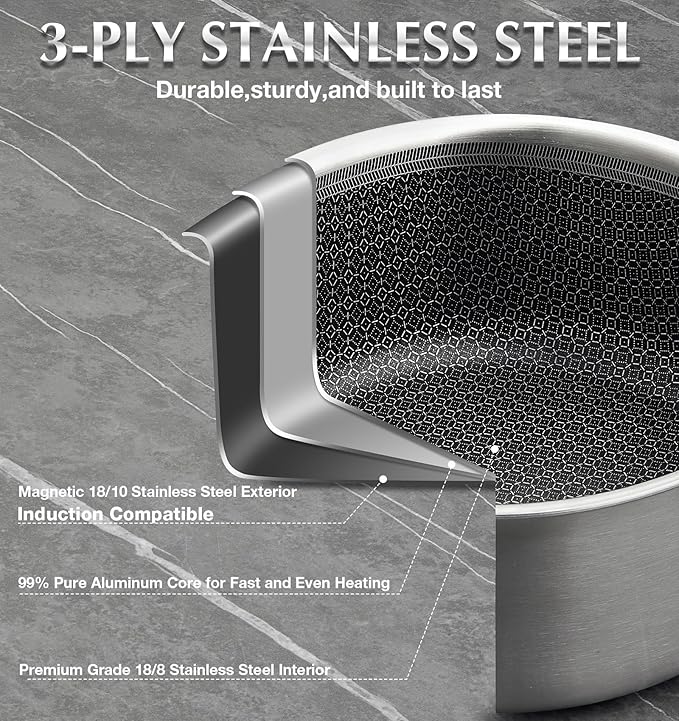 KOCH SYSTEME CS Hybrid Nonstick Stainless Steel Saucepan Set, 1QT & 2QT Triply Stainless Steel Saucepan Set with Hybrid Nonstick Honeycomb Interior, 4-Piece Sauce Pans, Induction Steel Pot Set - Image 3