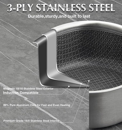 KOCH SYSTEME CS Hybrid Nonstick Stainless Steel Saucepan Set, 1QT & 2QT Triply Stainless Steel Saucepan Set with Hybrid Nonstick Honeycomb Interior, 4-Piece Sauce Pans, Induction Steel Pot Set - Image 3