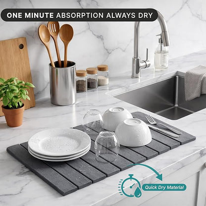 Stone Dish Drying Mat for Kitchen Counter, Easy to Clean Fast Absorbing Collapsible Quick Dry & 24” 16” (Smooth Dark Gray)
