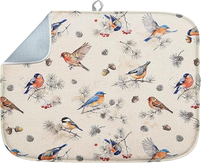 Sanwarm Absorbent Dish Drying Mat, Vintage Birds Watercolor Cute Floral Microfiber Pad for Kitchen Counter, Coffee Bar Decor, Heat Resistant and Reversible, 18" x 24"