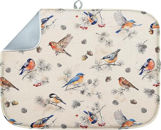 Sanwarm Absorbent Dish Drying Mat, Vintage Birds Watercolor Cute Floral Microfiber Pad for Kitchen Counter, Coffee Bar Decor, Heat Resistant and Reversible, 18" x 24"