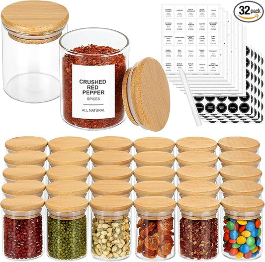 EgticHome 4OZ Glass Spice Jars with Bamboo Lids and 315 Labels, 32 Pcs Clear Food Storage Containers for Kitchen Sugar Salt Coffee Tea Beans by abc