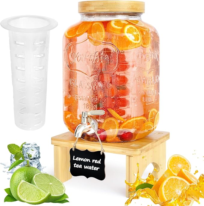 2 Gallon Drink Dispenser with Stand，Glass Beverage Dispenser With Wood Stand, 18/8 Stainless Steel Spigot and Labels Large Water Drink Dispensers for Parties, Lemonade,Juice, Tea by Unknown