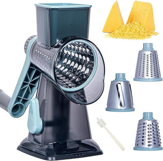 Rotary Cheese Grater Cheese Shredder, Cheese Grater Handheld with Strong Suction Base,Kitchen Vegetable Slicer 3 Replaceable Stainless Drum Blades for Fruit, Food, Nuts,Easy to Use Clean (Blue) by Unknown