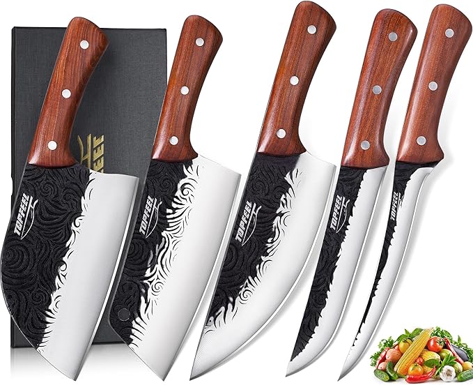 Topfeel Butcher Knife Set 5PCS, Hand Forged Kitchen Knives Set Serbian Chef Knife Set, Meat Cleaver Boning Carving Knives Set for Home、Camping、BBQ by Topfeel