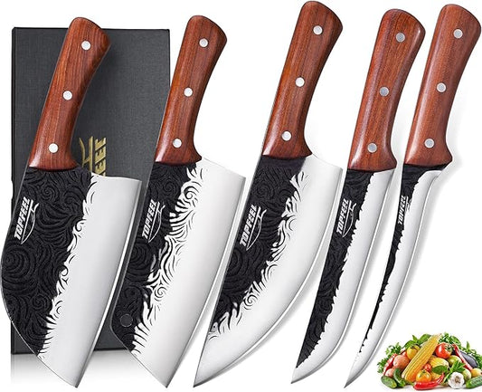 Topfeel Butcher Knife Set 5PCS, Hand Forged Kitchen Knives Set Serbian Chef Knife Set, Meat Cleaver Boning Carving Knives Set for Home、Camping、BBQ by Topfeel