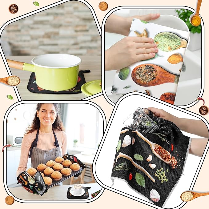 Fourluoo 10 Pcs Farmhouse Kitchen Decor and Accessories Set 4 Kitchen Towels 2 Pot Holders 2 Oven Mitts 2 Rugs for Cooking Baking Mom Housewarming Gifts(Vivid Color,Colorful Spices) - Image 4