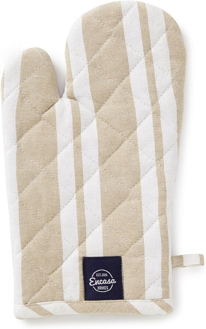 Encasa XO Long 12"x7" Oven Microwave Hand Gloves Mitts (2 pc Set) for Kitchen Cooking & Baking - Heat Resistant, Thick & Safe, Protection of Hands from Hot Utensils - Franca Beige Stripes