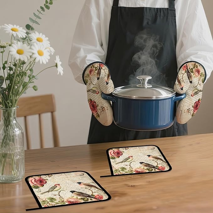 Vintage Bird Oven Mitts and Pot Holders,Pink Rose Flower Heat Resistant Oven Mitts Gloves and Pot Holder for Home Kitchen Decorations Cooking Baking BBQ Gifts,Set of 4