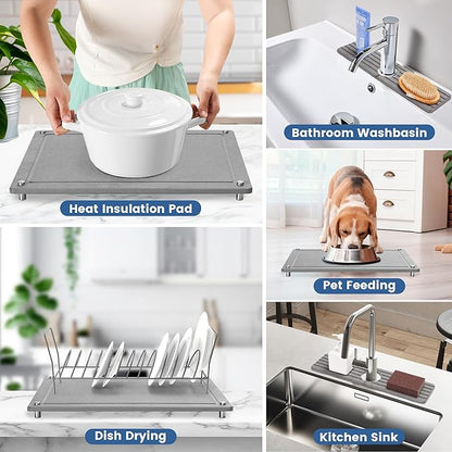 Zinovo 5pcs Stone Dish Drying Mats for Kitchen Counter,Quick Dry Water-Absorbent Diatomaceous Stone,Heat Resistant,Non-slip Bracket, Faucet Mat For Bathroom /Sink/Washbasin,For Cups /Bottles,Gray