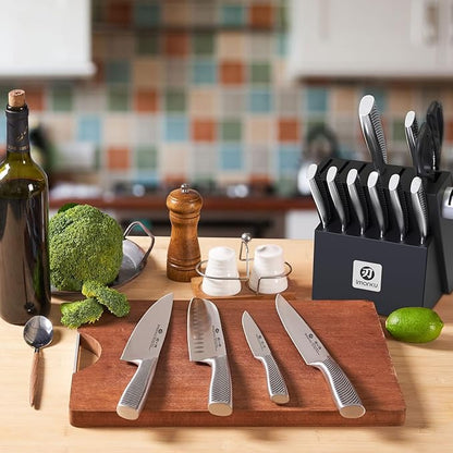 imarku Knife Block Set, 14Pcs High Carbon Stainless Steel Knife Set with Block, Kitchen Knife Set Black, Dishwasher Safe, Build-in Sharpener, Gifts for Mom - Image 2