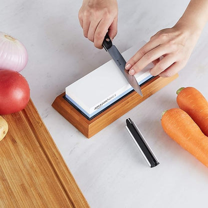 Amazon Basics Whetstone Knife Sharpening Stone, Double-Sided 1000/6000 Grit with Angle Guide, Non-Slip Bamboo Base, Black & Grey