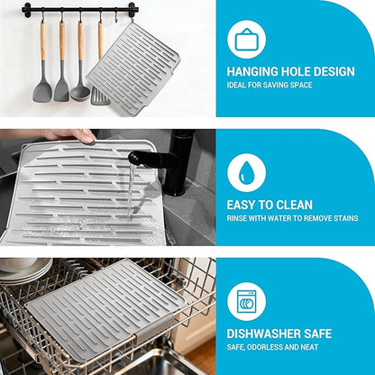 Foldable Silicone Dish Drying Mat for Kitchen Counter & Sink - Quick Dry, Space Saving, Non-Slip Pad for Small Apartments & Coffee Bar Light Grey