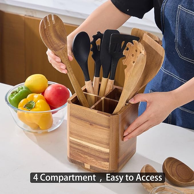 Wood Utensil Holder for Kitchen Counter, 360° Rotating Kitchen Utensil Holder, 7.2"x 6" Large Acacia Cooking Utensil Crock for Countertop (SQUARE) - Image 4