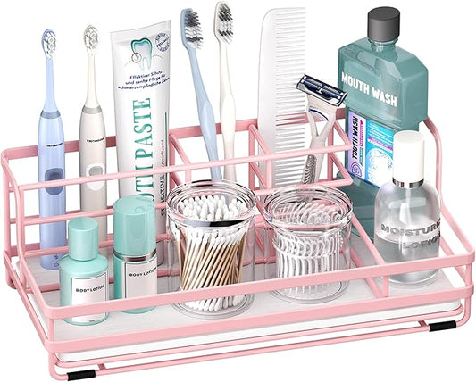 HapiRm Toothbrush Holders for Bathroom - 5 Partitions Bathroom Counter Organizer with Instant Drying Stone, Stainless Steel Countertop Storage Electric Toothbrush Toothpaste Holder - Pink