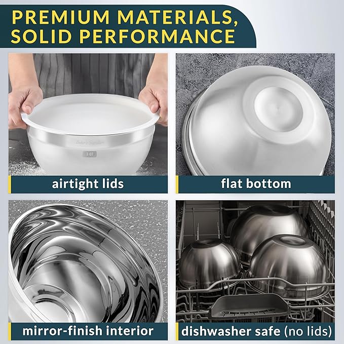 Baker's Signature Stainless Steel Mixing Bowls With Lid, Metal Mixing Bowl Set Of 3, Nesting Set For Food Prep, Baking,Storage, Cooking, Serving | Dishwasher Safe, Silver, 1.5/3/5 Qt - Image 5