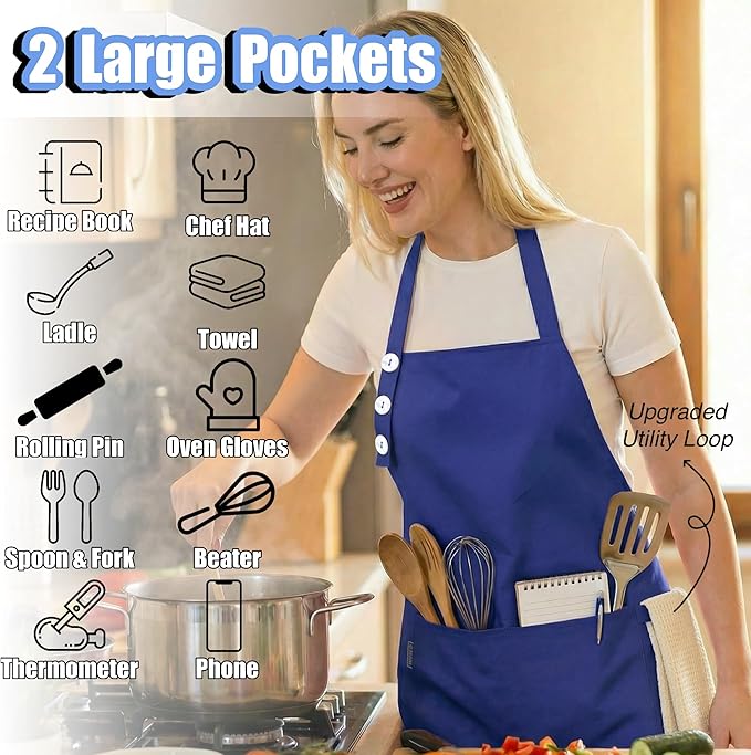 TOSHE Kitchen Apron Waterdrop Resistant Cotton Apron with adjustable Aprons for Women with Pockets 10 Color option Cooking Blue Apron (Navy Blue) - Image 2