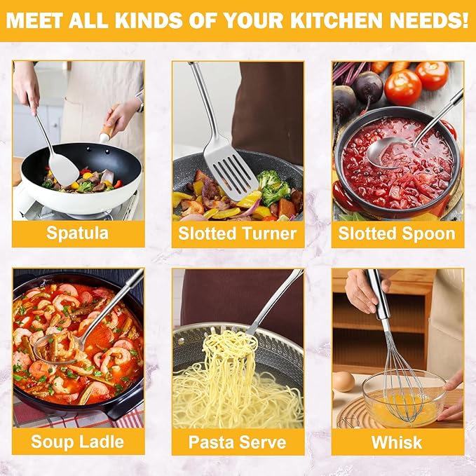 6-Piece Kitchen Cooking Utensils Set, Stainless Steel Kitchen Utensils with Suspendable Handle, Spatula, Slotted Turner, Soup Ladle, Slotted Spoon, Whisk, Pasta Server, Dishwasher Safe - Image 3