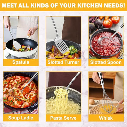 6-Piece Kitchen Cooking Utensils Set, Stainless Steel Kitchen Utensils with Suspendable Handle, Spatula, Slotted Turner, Soup Ladle, Slotted Spoon, Whisk, Pasta Server, Dishwasher Safe - Image 3