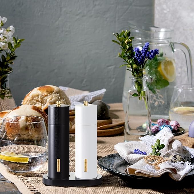 Wooden Salt and Pepper Grinder Set Manual Salt and Pepper Mill with Tray Adjustable Coarseness Refillable Wood Grinders with Gold Bottle Label for Kitchen (Black,White,8 Inch) - Image 7