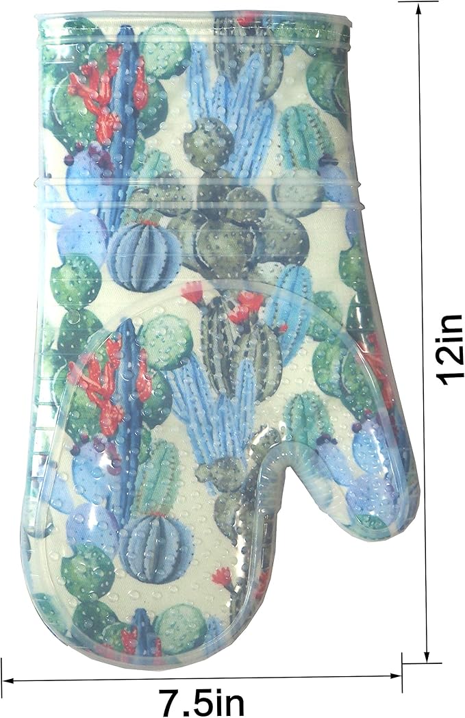 Oven Mitts Set of 2 with Transparent Clear Silicone Shell and Nice Cactus Flower Cotton Lining, Heat Resistant to 500 F Kitchen Oven Gloves Pot Holder for Cooking (Cactus Flower, Oven Mitts) - Image 2