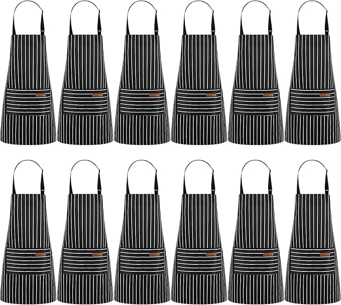 Handepo 12 Pcs Cotton Aprons for Women Men with Pockets Soft Adjustable Bib Stripe Aprons for Cooking Kitchen Chef by Handepo