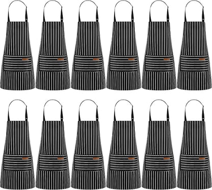 Handepo 12 Pcs Cotton Aprons for Women Men with Pockets Soft Adjustable Bib Stripe Aprons for Cooking Kitchen Chef by Handepo