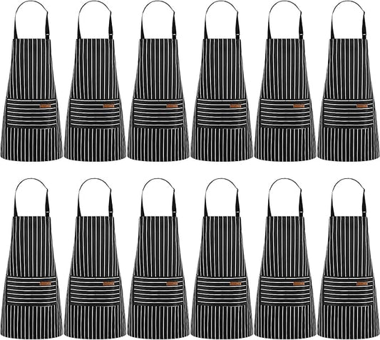 Handepo 12 Pcs Cotton Aprons for Women Men with Pockets Soft Adjustable Bib Stripe Aprons for Cooking Kitchen Chef by Handepo