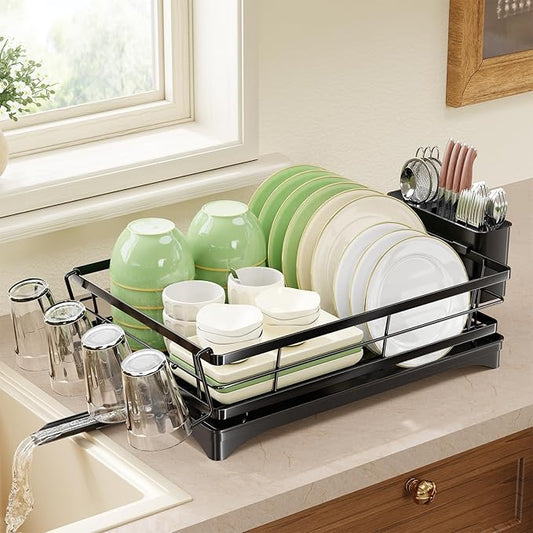 Simple Trending Dish Drying Rack for Kitchen Counter, Rust-Resistant Dish Rack, Large Dish Drainer Organizer with Cutlery Holder & Cup Holders, Black by SimpleTrending