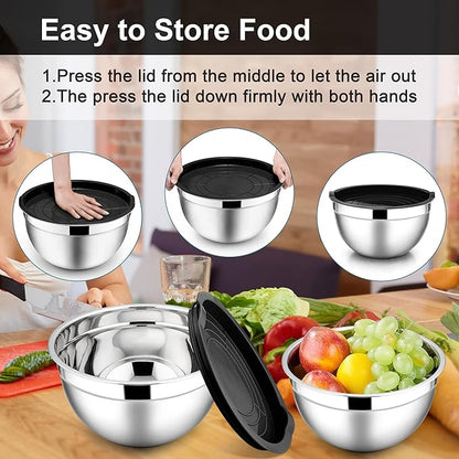 E-far Mixing Bowls with Lids, 6-Piece Stainless Steel Salad Bowls Metal Nesting Bowls for Baking Cooking and Prepping, Airtight Lids & Stackable Design, Size 4.5, 3, 1.5 QT (Black) - Image 7