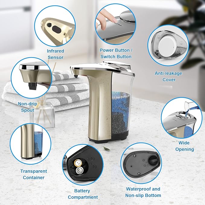 PZOTRUF Automatic Soap Dispenser, Touchless Dish Soap Dispenser 17oz/500ml with Infrared Sensor, 5 Adjustable Soap Dispensing Levels, Liquid Hand Dispenser for Bathroom Kitchen Sink(Champagne Gold) - Image 6