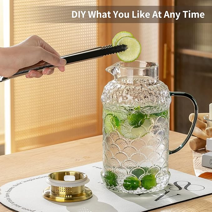 Buaic 2 PACK Glass Pitcher with Lid,68 oz/2 Liter Fish Scale Design Water Pitcher,Clear Borosilicate Glass Water Carafe for Cold Brew, Coffee, Lemonade, Iced Tea,Heat Resistant Water Glass Jug - Image 7