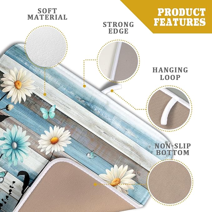 Blue White Daisy Floral Dish Drying Mat for Kitchen Counter,Sprinng Rustic Wood Drying Mat 16 x18 Inch with Absorbent Reversible Microfiber Drying Pad for Coffee Bar - Image 4