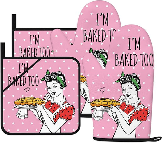 Funny Oven Mitts and Pot Holders Sets Pink Kitchen Accessories Cute Kitchen Decor Funny House Warming Gifts Heat Resistant Cooking Baking Gifts for Women (Pink, Oven Mitts & Pot Holders)