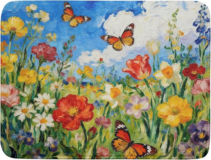 Cute Floral Dish Drying Mat for Kitchen Counter 18x24, Spring Summer Decorative Absorbent Reversible Microfiber Kitchen Countertop Protector Dishes Drainer Pad, Watercolor Flower Butterfly by Aytipun