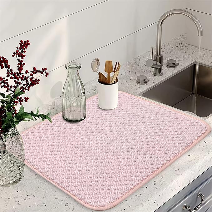 Pink Dish Drying Mats for Kitchen Counter, 2 Pack Dish Drying Mat Drying Pad, Dish Rack Drainer Mat, Kitchen Mat (Pink) - Image 2
