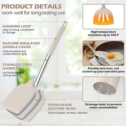 HaWare 29 PCS Silicone Cooking Utensils Set, Heat Resistant Kitchen Utensils Set with Stainless Steel Handle, Spatula Sets with Holder and Hooks, Kitchen Tools Gadgets for Nonstick Cookware -Khaki