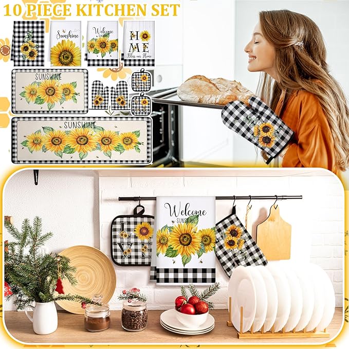 Fourluoo 10 Pcs Sunflower Kitchen Decor 4 Black and White Buffalo Plaid Dish Towels 2 Buffalo Check Pot Holders 2 Rustic Sunflower Oven Mitts 2 Yellow Rugs for Cooking Baking Mom Housewarming Gift - Image 2