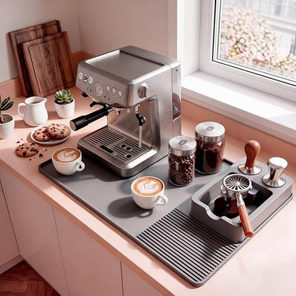 Silicone Coffee Mat and Espresso Tamping Mat, Detachable Espresso Coffee Bar Accessories, Coffee Bar Mat Suitable for Use Under coffee Maker, Dish Drying Mat for Kitchen Countertop Protector Mat, Grey