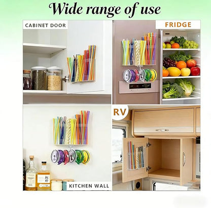 10''Straw Storage for Cabinet Door with Tumbler Straw Organizer,Large Straw Holder with Washable Sticky Reusable Cup Lid Holder,Water Bottle Accessories Organizer for Kitchen (White)