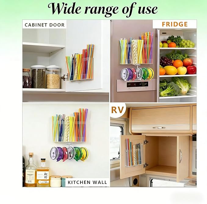 10''Acrylic Straw Holder for Cabinet Door with Tumbler Straw Organizer,Large Straw Storage with Washable Sticky Reusable Cup Lid Holder,Water Bottle Accessories Organizer for Kitchen(Clear)