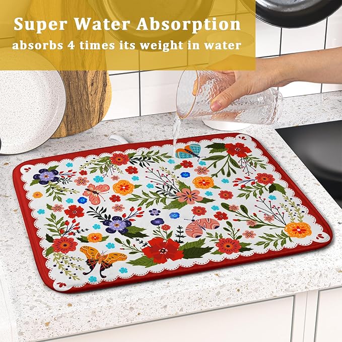Flowers Printed Dish Drying Mat Floral Coffee Mat for Kitchen Counter Small - Image 7