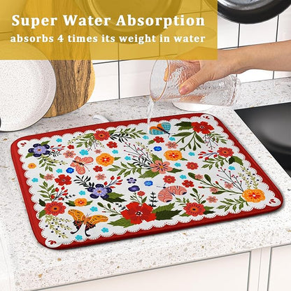 Flowers Printed Dish Drying Mat Floral Coffee Mat for Kitchen Counter Small - Image 7