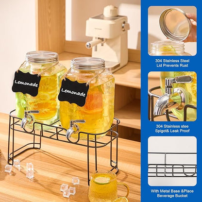 1 Gallon Glass Drink Dispensers for Parties, 2PACK Beverage Dispenser with Stand, Fruit Infuser and Stainless Steel Spigot 100% Leakproof, Beverage Dispenser for Lemonade Sun Tea - Image 3