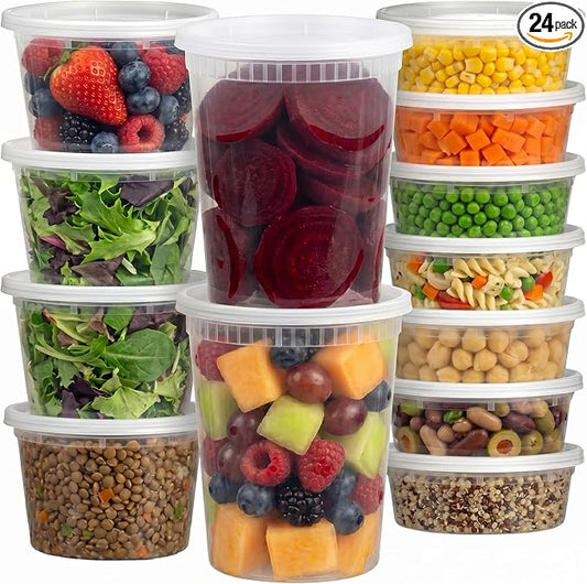 JoyServe 24 Sets Deli Containers with Lids – 8oz, 16oz & 32oz – Leak Proof, Microwaveable, Dishwasher & Freezer Safe – Plastic Food Storage & Soup Containers